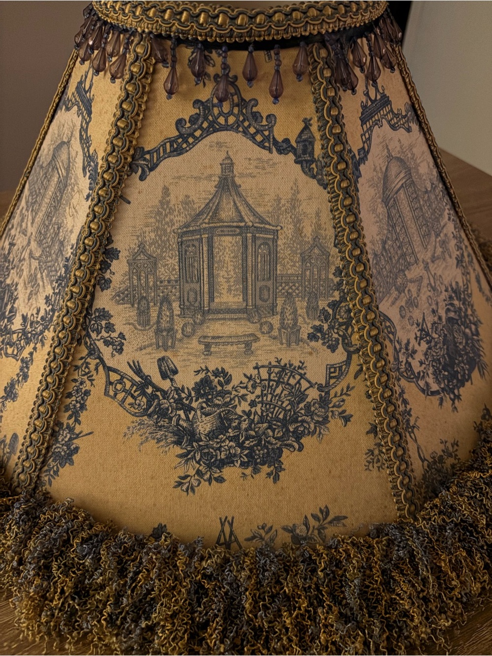 Vintage Toile Lamp Shade in Yellow/Gold and Navy Blue w/ Fringe Trim - Picture 5 of 6